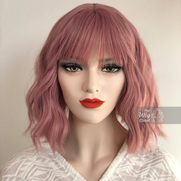12" Dusty Rose Wavy Bob Wig with Bangs | Katy - Picture 3 of 10